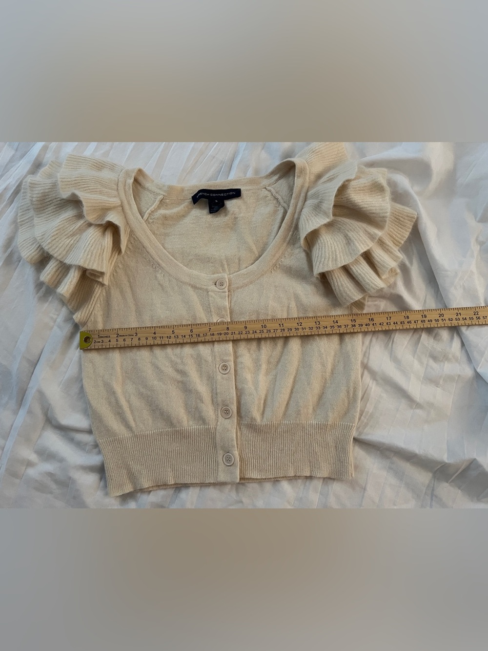 NWT French Connection Angora Rabbit Hair Ruffle Sleeve Cardigan Top S Cream - Picture 10 of 11